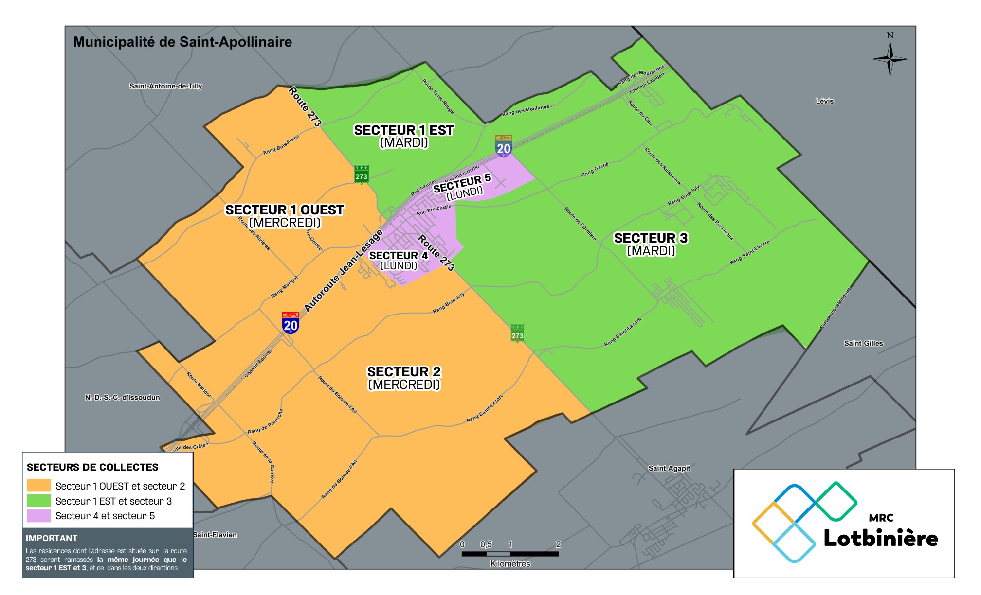 Carte des secteurs de collecte — Saint-Apollinaire (2026)